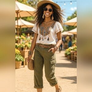 Dickies Relax Cargo 29 Army Olive Green Utility Slim Mid Rise Cotton Cropped New